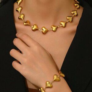Stainless Steel Chain Necklace and Bracelet multi-heart gold Plated